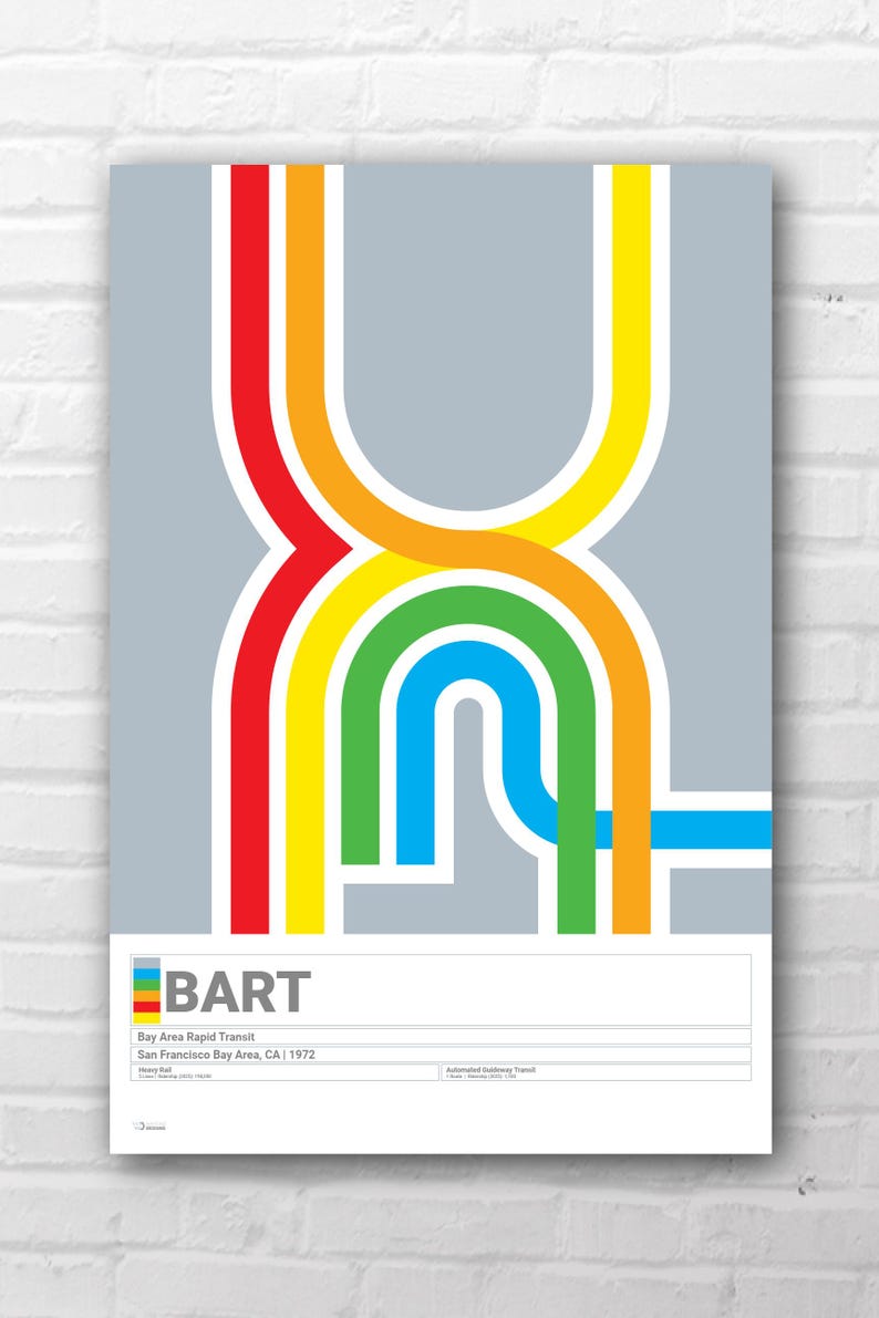 May include: A poster featuring a stylized design of colorful, interconnected lines in red, orange, yellow, green, and blue against a gray background. The BART logo and text are at the bottom, indicating the Bay Area Rapid Transit system.