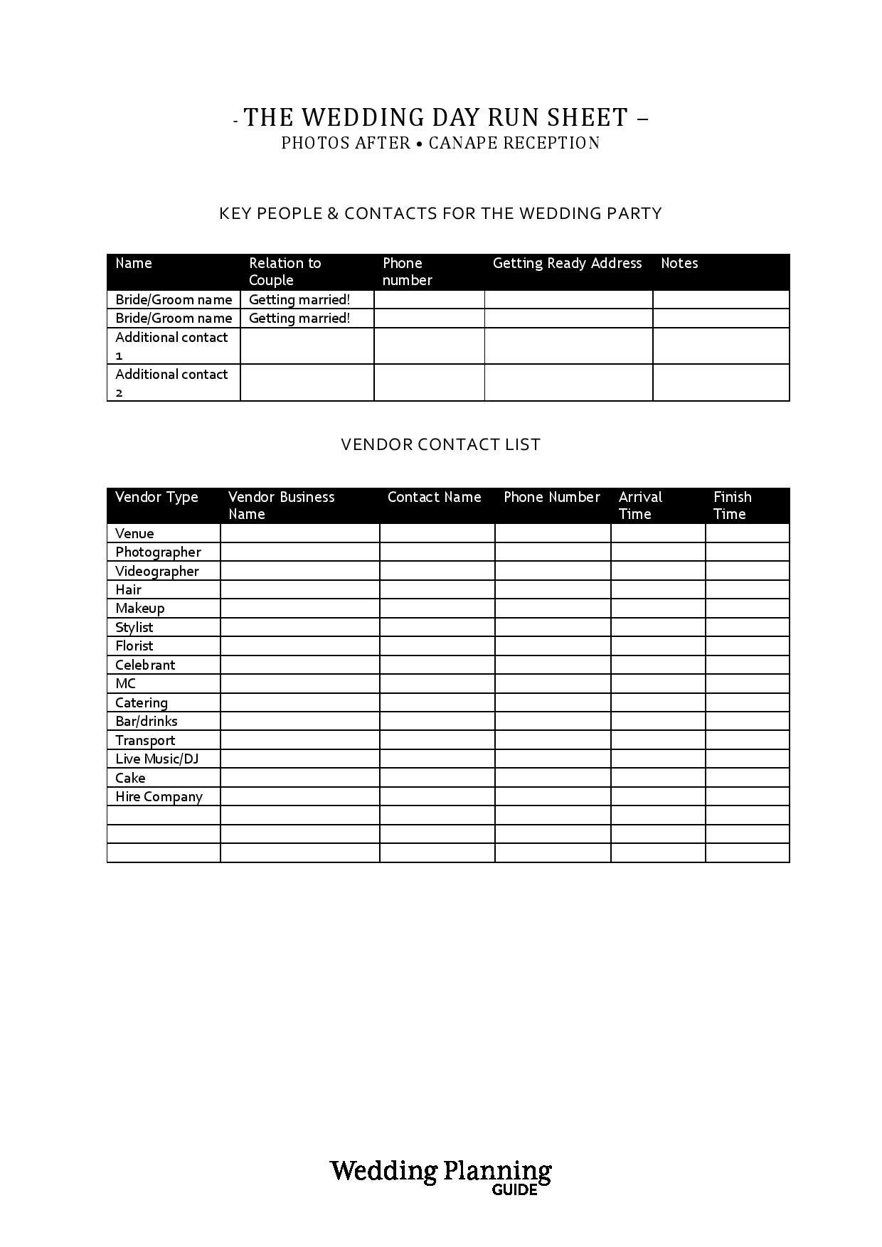 Wedding Day Run Sheets // Timeline for Your Wedding Day Etsy