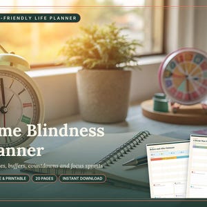 May include: An ADHD-Friendly Life Planner with the text Time Blindness Planner, Estimates, buffers, countdowns and focus sprints, FILLABLE & PRINTABLE, 20 PAGES, INSTANT DOWNLOAD. Includes two planner page previews showing Before and After Estimate.