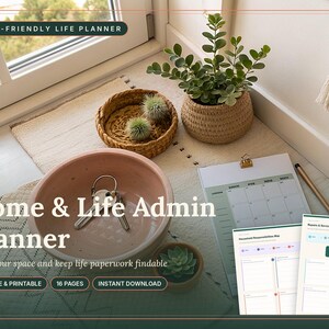 May include: A digital Home & Life Admin Planner with 16 pages, featuring text that reads ADHD-FRIENDLY LIFE PLANNER, Home & Life Admin Planner, Reset your space and keep life paperwork findable, FILLABLE & PRINTABLE, 16 PAGES, INSTANT DOWNLOAD.