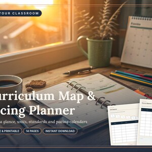 Może przedstawiać: Planer Curriculum Map & Pacing Planner składający się z 14 stron, zawierający tekst Run Your Classroom, Curriculum Map & Pacing Planner, Year at a glance, units, standards and pacing calendars, Fillable & Printable oraz Instant Download.