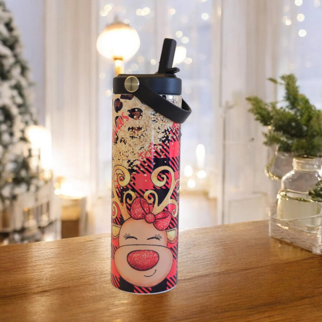 Rudolph Themed Christmas Tumbler With Glitter & Plaid Sublimated Wrap ...