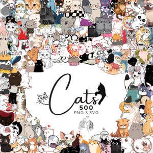 May include: A collection of numerous cartoon cat illustrations in various colors, poses, and expressions arranged in a circular border. The center features the black text "Cats 500 PNG & SVG" with a small line-art cat face and a black cat silhouette.
