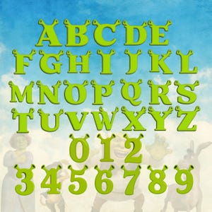May include: A complete set of lime green alphabet letters from A to Z and numbers from 0 to 9, each featuring a distinct pair of rounded, protruding ears at the top, presented in a bold, serif font style against a light blue sky background.