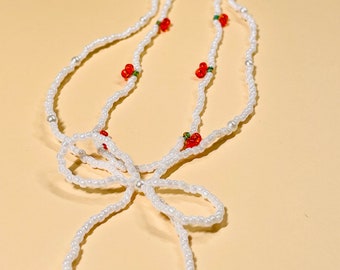 M-No.17 Double Layer Beaded Cherry Necklace With Bow, Handwoven Beadwork