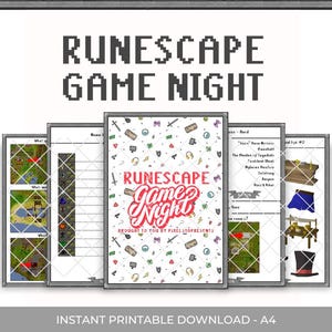 Może przedstawiać: Drukowany zestaw do gry w noc z motywem Runescape. Zestaw zawiera planszę do gry, kartę postaci i zestaw kart. Plansza do gry to mapa świata Runescape, z zaznaczonymi na niej różnymi miejscami. Karta postaci służy do śledzenia postępów gracza w grze. Karty służą do grania w różne minigry.