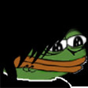 Könnte beinhalten: Ein grünes Frosch-Meme mit schwarzen Haaren, die sein Gesicht bedecken, und einem braunen Band um den Mund. Der Frosch hat große, weiße Augen.