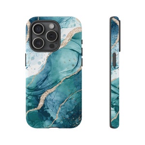 Turquoise Agate and Gold Glitter Marble Tough Phone Case | Teal Marble Phone Case | iPhone | Pixel | Samsung