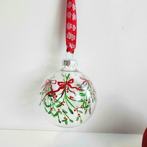 Hand Painted Christmas Ornament Mistletoe Red Bow, clear glass ball, Christmas tree ornament, gift