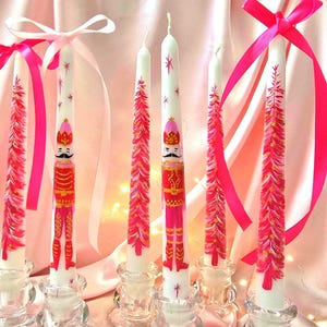 Hand Painted Christmas Taper Candles, Pink Nutcracker & Tree Design, Original Xmas Decor, Holiday Gift