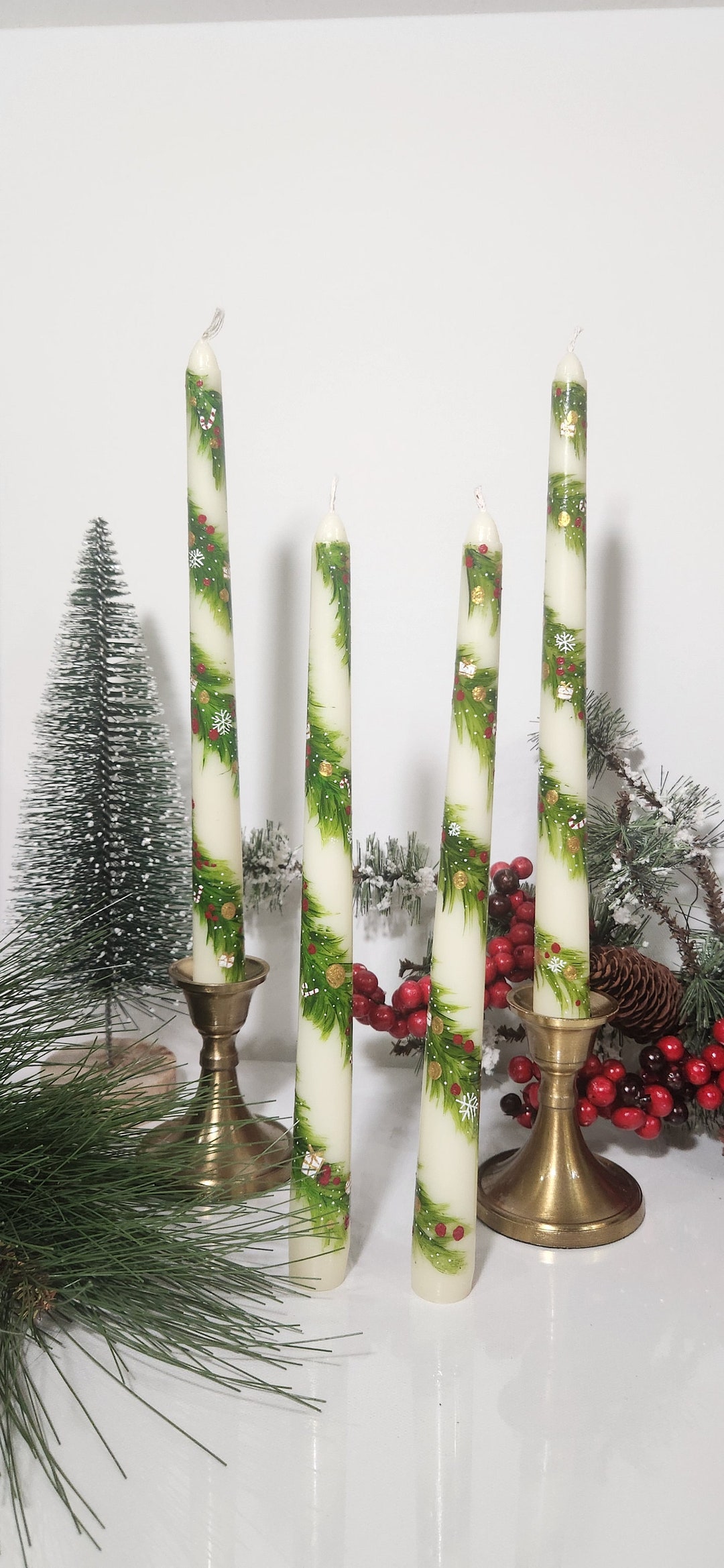 Handpainted Taper Candles, Christmas Candles, Set of 2 Christmas Taper