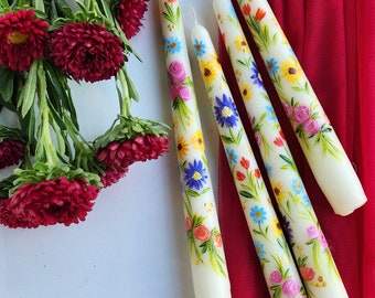 Hand Painted Flower Candles, Bespoke, Painted Wedding Candles, Spring Candle, Wedding Favour, Gift, Mothers Gift, Floral Candlestick, Leaves