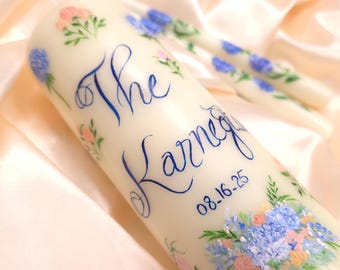 Unity Candle Hand Painted, Blue Hydrangea Candle, Custom Wedding Candle, Personalized Floral Candles, Painted Wedding Boquet Gift
