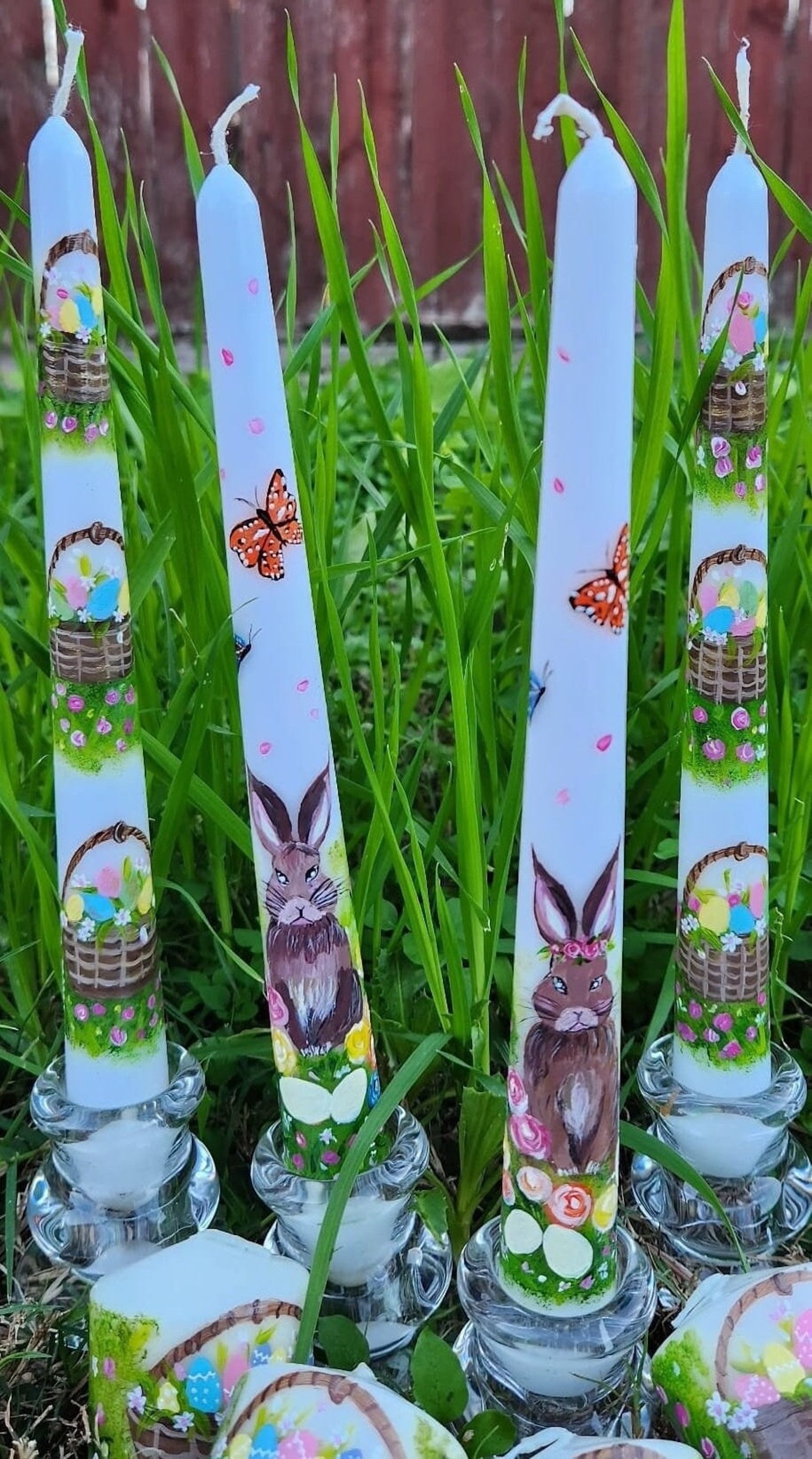 Hand Painted Easter Candle, Easter Taper Candles, Bunny and Egg Baskets