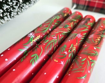 Set of 2 Christmas Candle hand painted , Red Christmas taper candle, Hand painted candles, Candlesticks Painted