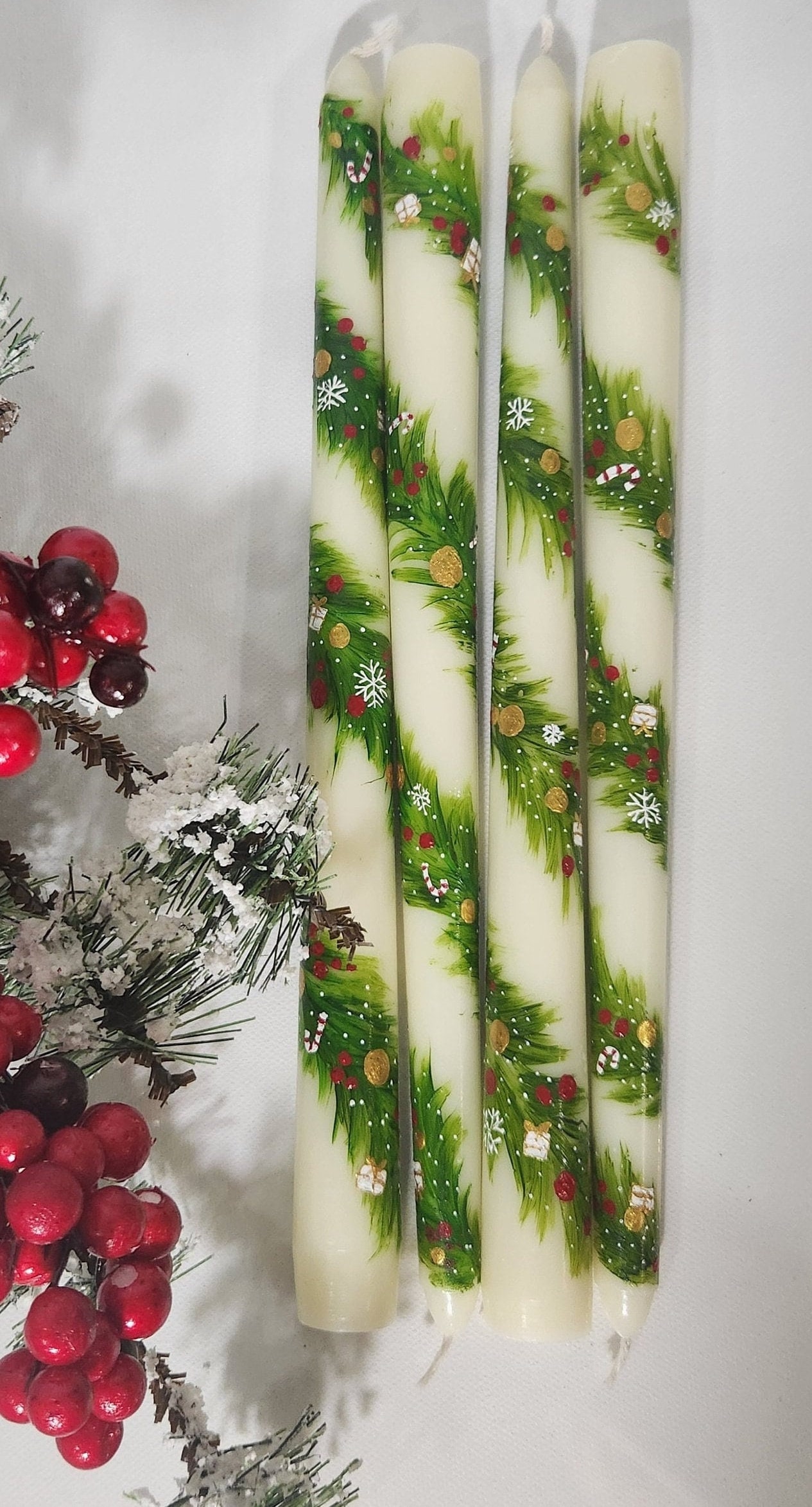 Handpainted Taper Candles, Christmas Candles, Set of 2 Christmas Taper