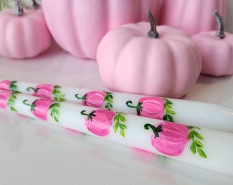 Pink Painted Pumpkin Candles, Hand Painted Taper or Mini Candle, Thanksgiving Halloween Fall Decor, Autumn Pink decor Gift