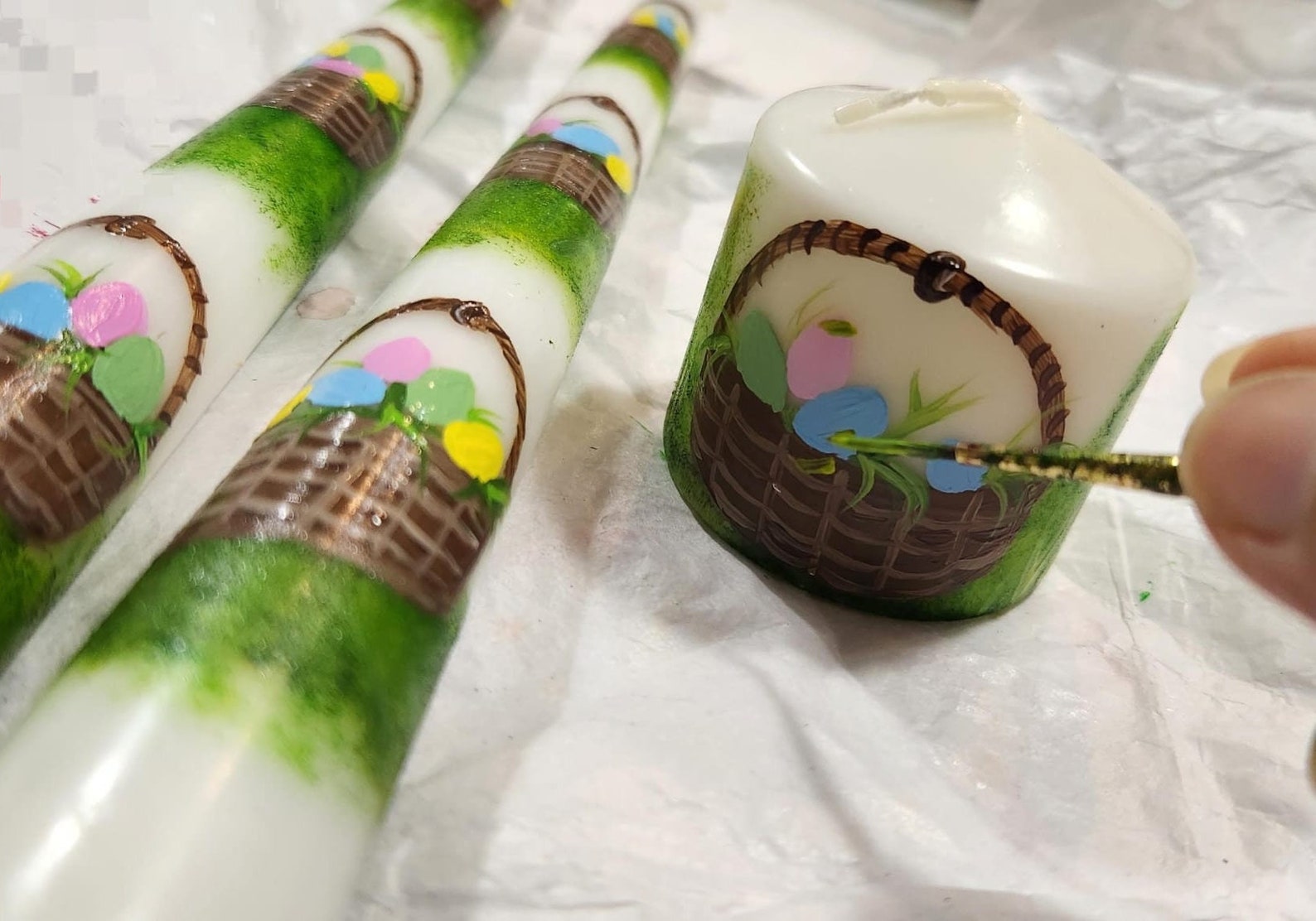 Hand Painted Easter Candle, Easter Taper Candles, Bunny and Egg Baskets