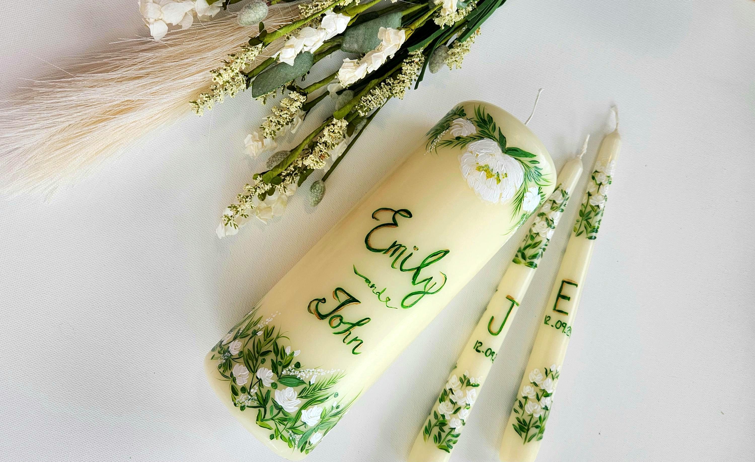 Hand Painted Wedding Candle, Bespoke,   Personalized Taper Candles, Customized, Floral Wedding Candles, Bride Groom Candles, Wedding Favor