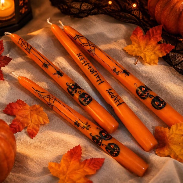 Hand Painted Halloween Candles, Fall Candle, Black Bats and Tree, Gift, Orange taper candle, Spooky Candles, Painted Pumpkins, Spider web