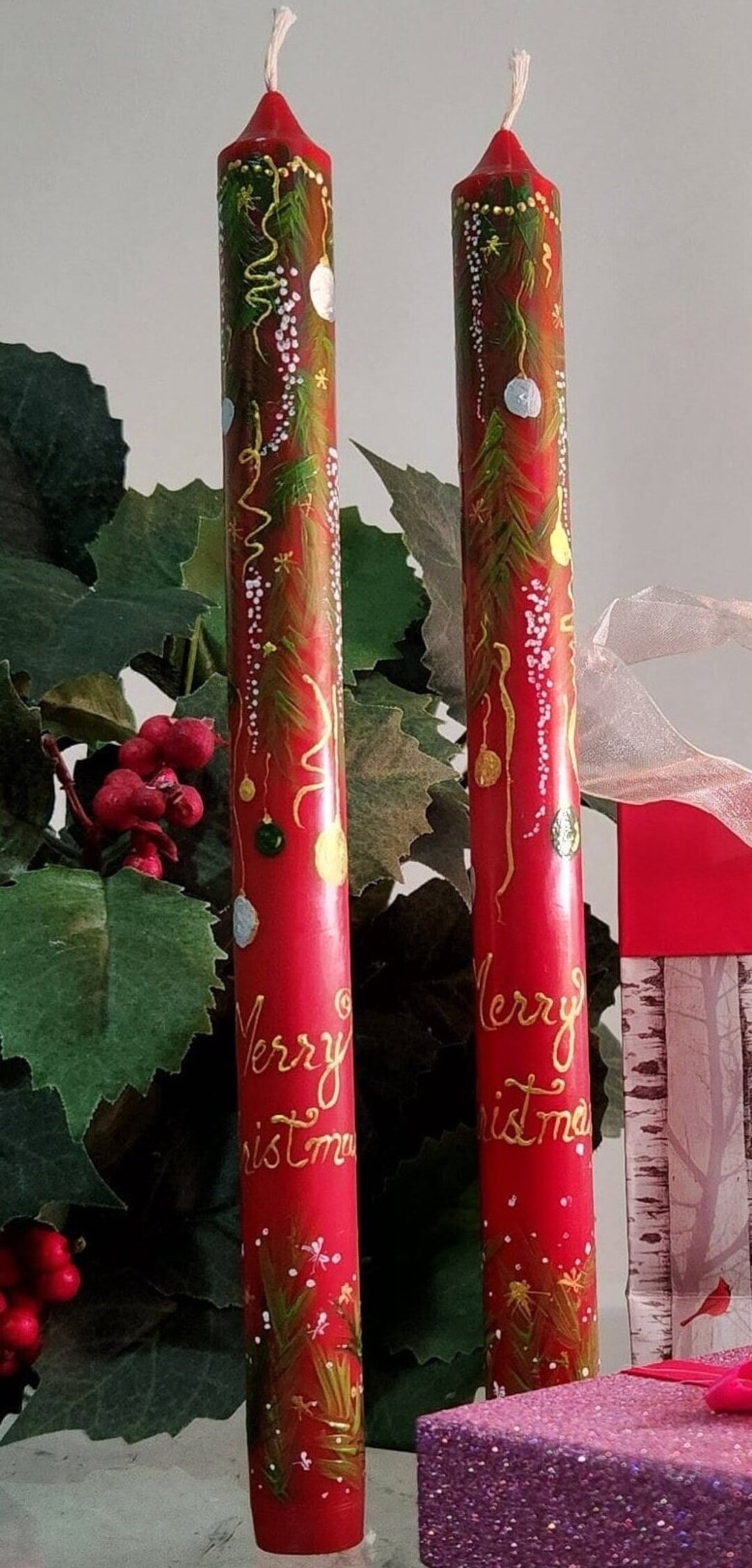 Set of 2 Christmas Candle Hand Painted , Red Christmas Taper Candle