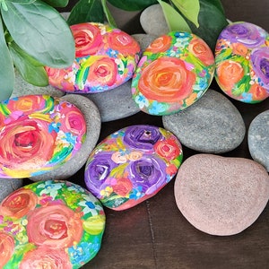 Hand Painted Rocks, Floral Rocks, Gift, Garden Painted Flowers Rocks Stones, Set of 6 Rocks