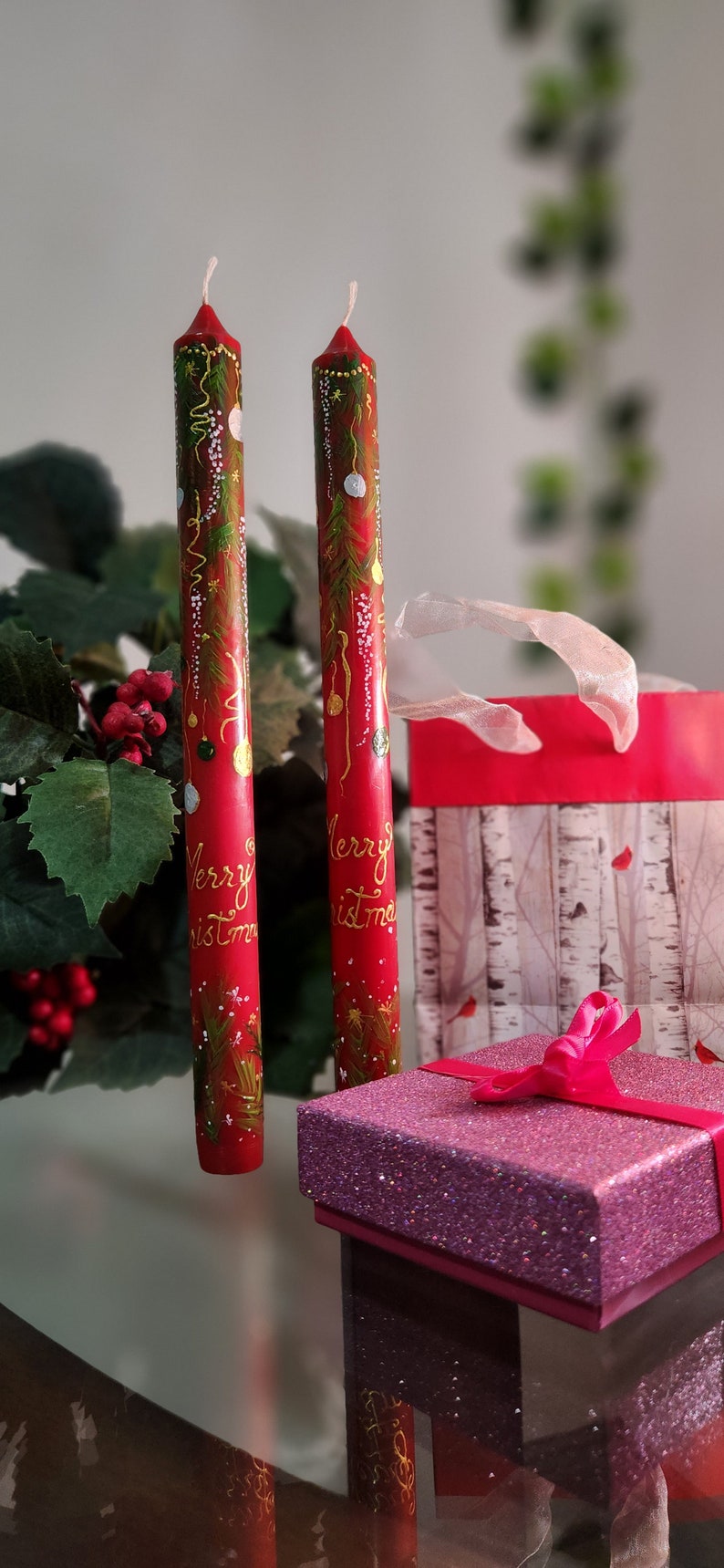 Set of 2 Christmas Candle Hand Painted , Red Christmas Taper Candle