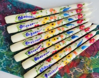 Hand Painted Spring Flower Candles, Bespoke, Painted Wedding Candles, Spring Decor, Wedding Favors, Gift, Mothers Gift, Floral Candlestick
