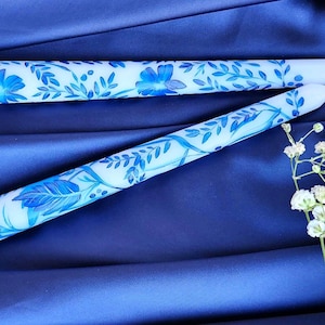 Hand Painted Candles, Wedding Favour, Gift, Father&#39;s Day Gift, Floral Candlestick,  Christmas Chinoiserie design, Blue White Candle