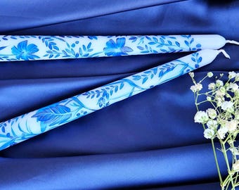 Velas cónicas de estilo chinoiserie pintadas a mano en azul y blanco, regalo para inauguración de casa, velas para la mesa, decoración de mesa, regalo único