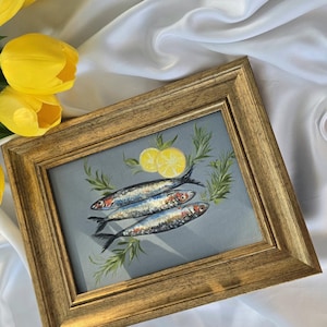 Sardine Oil Painting, Sardine Fish Lemon Original Framed Art, Kitchen Decor, Seafood Still Life Painting