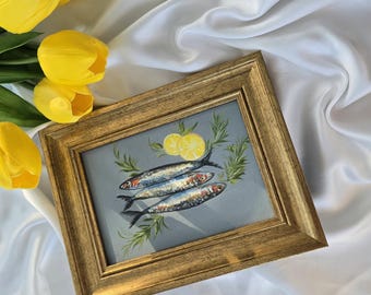 Sardine Oil Painting, Original Framed Fish & Lemon Still Life, Vintage Coastal Kitchen Wall Art, Seafood Decor Gift