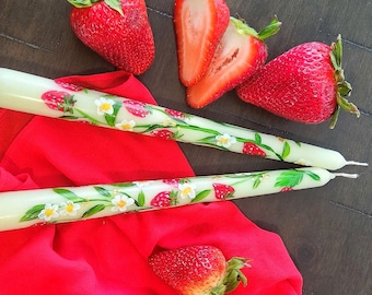 Hand Painted Candles, Hand Painted Red Strawberry Taper, Baby Shower, Wedding Candle, Dinner Candle, Gift, Birthday Candle, Fruit
