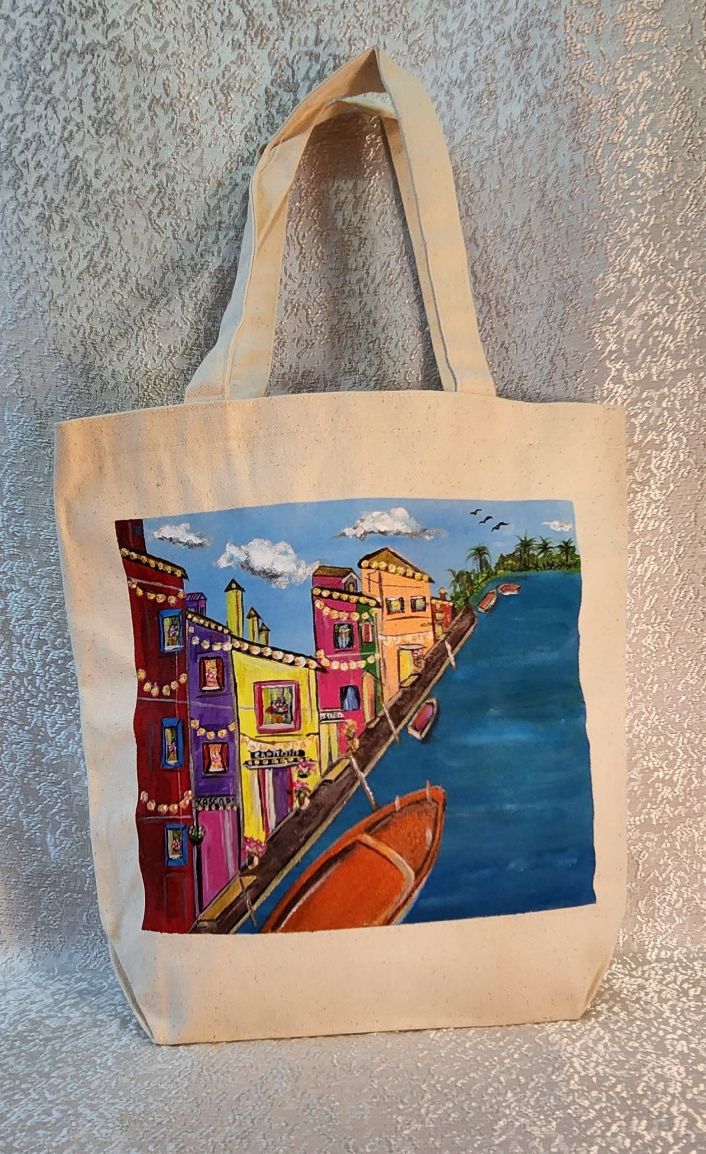 Colorful Artwork on Reusable Tote Bags Unique Artist Beach Bag Gym Bags  School Bags Diaper Bags Travel Bags Fun Painting on Canvas Tote Bags 