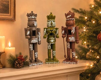 Hand Painted Nutcracker, Floral Neutral Christmas Decor, Elegant Holiday Mantle Decoration, Painted Wood Nutcracker Gift