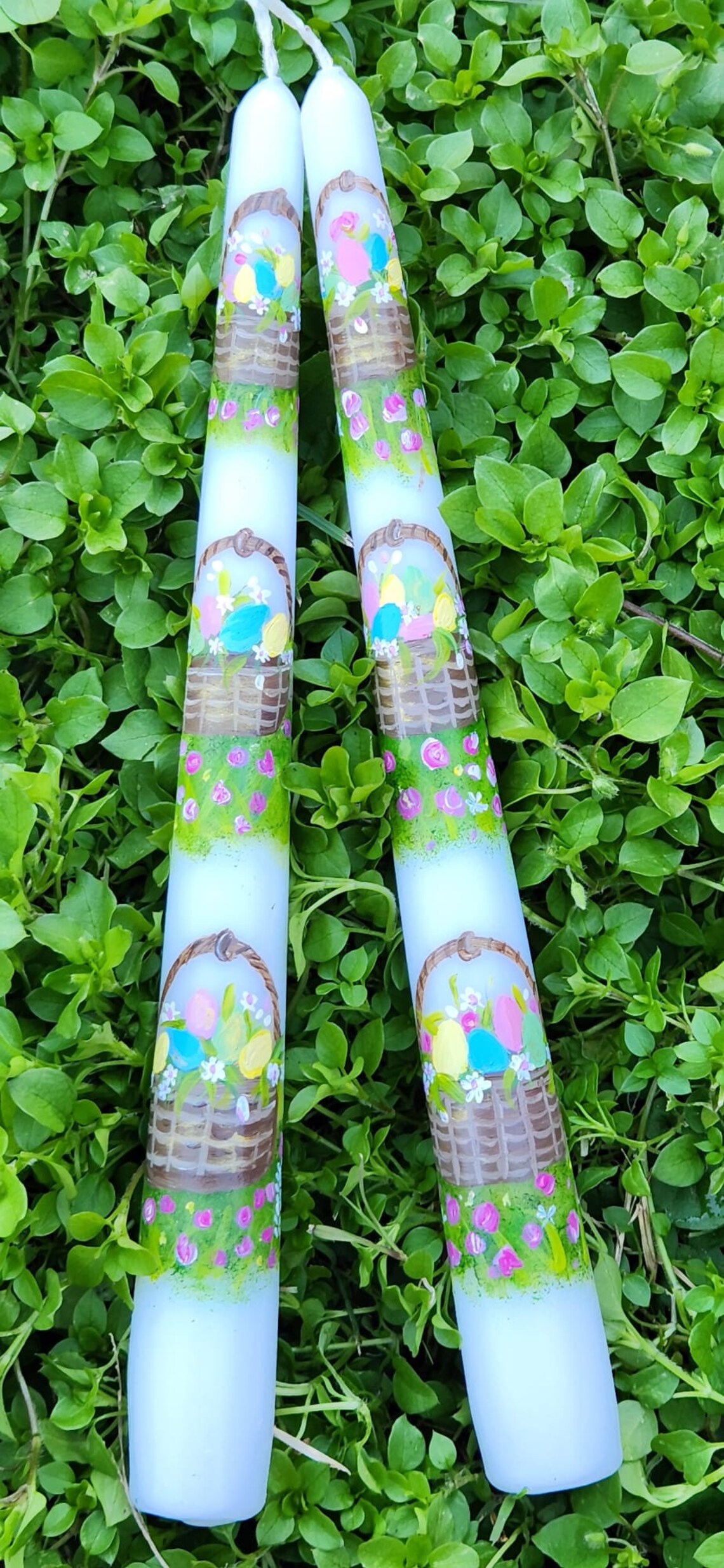 Hand Painted Easter Candle, Easter Taper Candles, Bunny and Egg Baskets