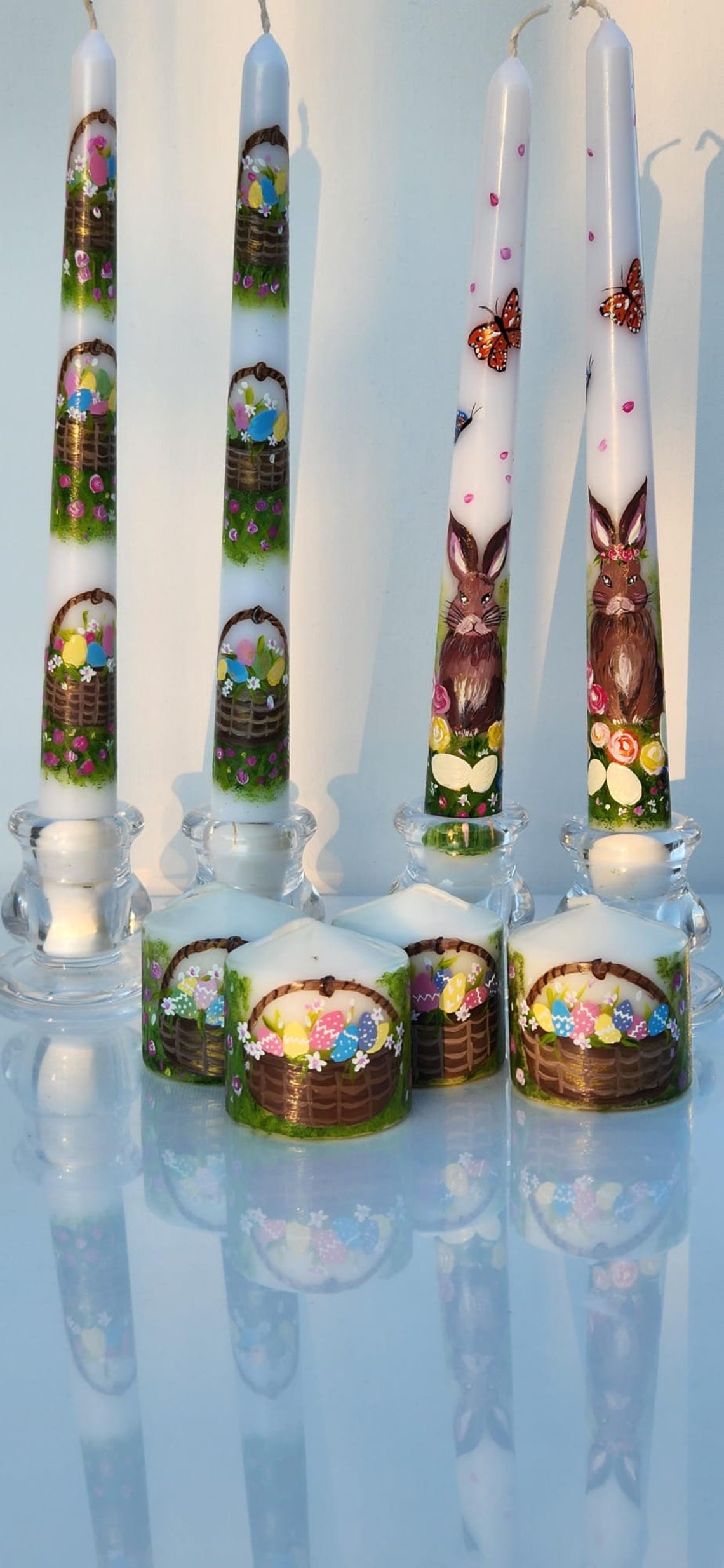 Hand Painted Easter Candle, Easter Taper Candles, Bunny and Egg Baskets