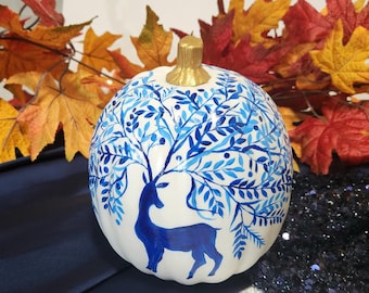 Hand Painted Pumpkin, Fall Decor, Faux Painted Pumpkin, Floral Painted, Gift, Autumn Decor, Chinoiserie style, Blue white Pumpkin