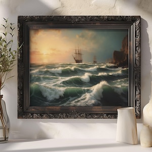 Coastal Seascape Painting: Tall Ships on Savage Shores (Digital Download)