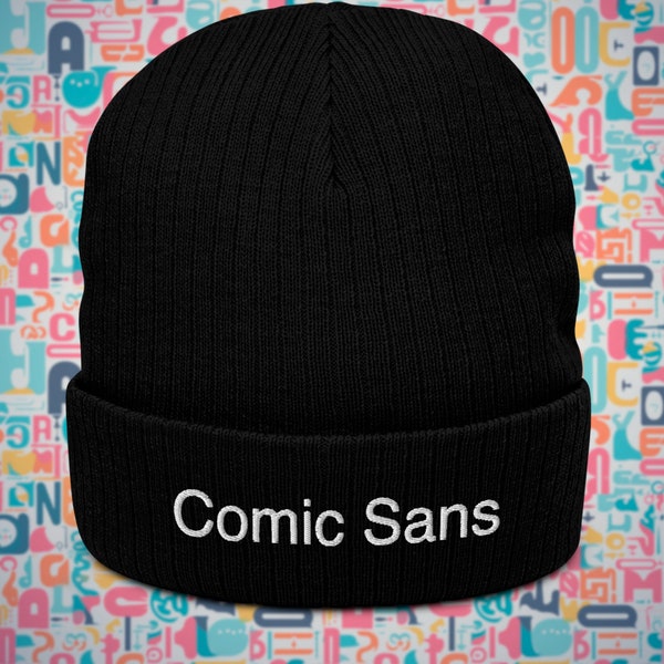 Comic Sans Embroidered Beanie in Helvetica Font - Ironic Fonts Play, Designer Humor Headwear