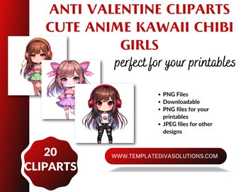 40 Anti-Valentine Kawaii Anime Chibi Girls Clipart Collection - High-Quality PNG, AI-Generated, for Commercial & Personal Use