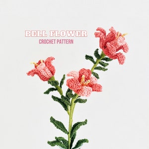 May include: A crocheted bouquet of pink bell flowers with green stems and leaves. The flowers are arranged in a vase. The text "BELL FLOWER CROCHET PATTERN" is displayed above the flowers.