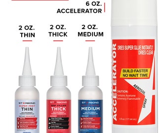 Starbond 2 oz. Thin, Medium, Thick Superglue (CA Glue) and 6 oz. Accelerator Bundle