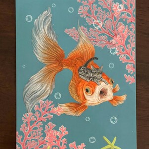 Postcard- A calm cat jump on a panic fish go everywhere