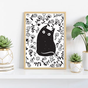 Cute Black Cat Art with Flowers - Digital Print - Cat Lover Gift - Wall Art | Cat Lover Art