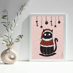 Cute Black Cat Christmas Art | Instant Download Wall Art Print | Cat Lover Gift
