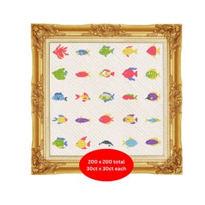 May include: A framed cross-stitch featuring a grid of colorful fish in various designs. The frame is ornate gold. The text on the image reads: 200 x 200 total, 30ct x 30ct each.