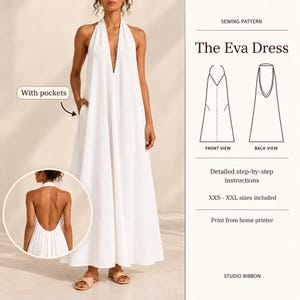 Puede incluir: Un vestido blanco largo hasta el suelo con cuello halter, escote en V profundo y bolsillos laterales. El patrón de costura incluye diagramas de vista frontal y trasera, instrucciones detalladas, tallas XXS a XXL e impresión.