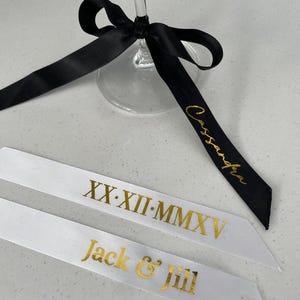 Customised Ribbon place card | Champagne glass place holders | Name ribbons | Favour ribbons | Ribbons for party favours | Place card Ribbon