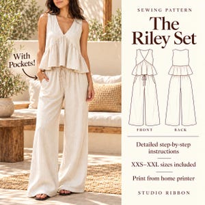 Può includere: Un cartamodello per The Riley Set, composto da un top senza maniche con baschina e scollo a V e pantaloni a gamba larga con coulisse e tasche. Include disegni tecnici, istruzioni e le taglie dalla XXS alla XXL da stampare.